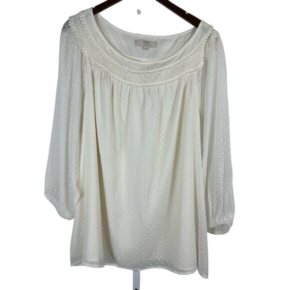 Loft Plus Cream Swiss Dot Sheer Lined Blouse 26W Peasant Boho‎ Cottage Preppy - Picture 1 of 8